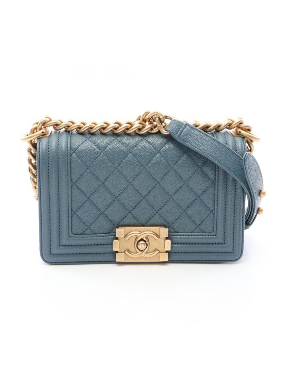 Chanel Shoulder Bag Boy Small Blue Gray Caviar Leather Chain